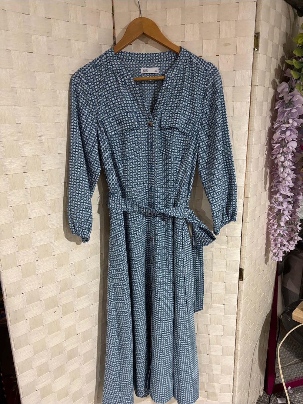 Blue Geo-Print Maxi Shirt Dress with Waist Tie